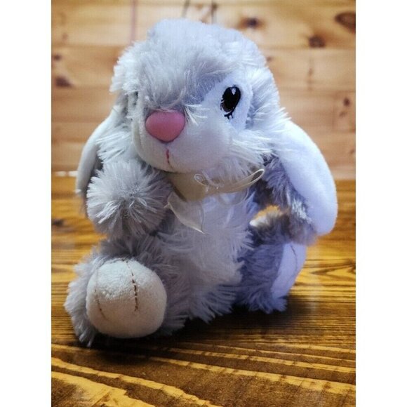 Easter Bunny Plush Dan Dee Lop Eared 7” Rabbit Ribbon Bow Grey Embroidered E.U.C - Picture 1 of 12